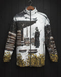 Jacket with a printed design of a samurai on a wooden hanger against a dark background