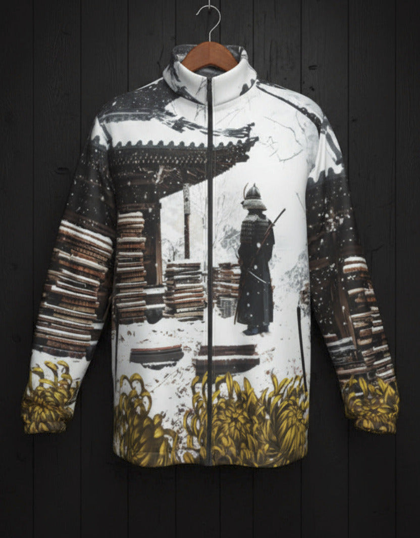 Jacket with a printed design of a samurai on a wooden hanger against a dark background