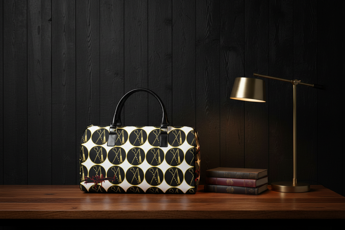 Crook and Flail editorial mock — brown wood table, black vertical plank wall, books and reading lamp