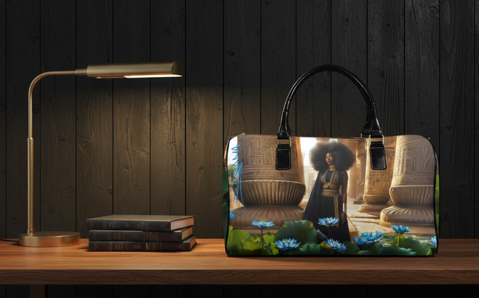 Blue Lotus editorial mock — brown wood table, black vertical plank wall, books and reading lamp