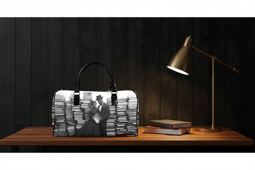 Book Stack Couple editorial mock — brown wood table, black vertical plank wall, books and reading lamp