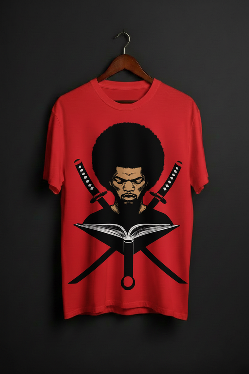 Red Book and Sword T-shirt hanging on a brown wooden hanger against a matte black wall with studio lighting
